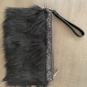 Express Black Fur Clutch with Silver Accent glitter
